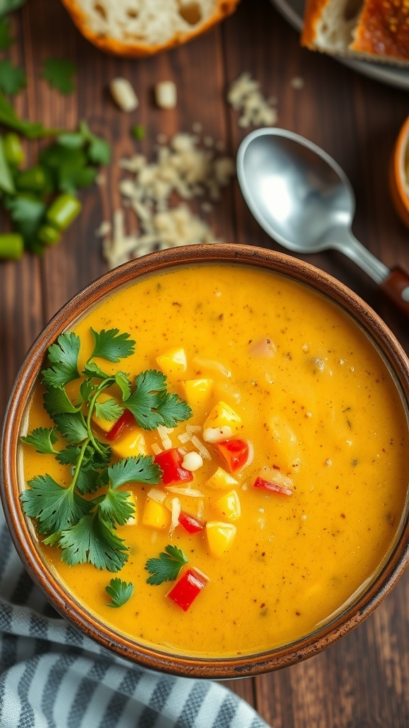 Creamy corn chowder in a rustic bowl, garnished with cilantro and cheese, on a wooden table with bread.